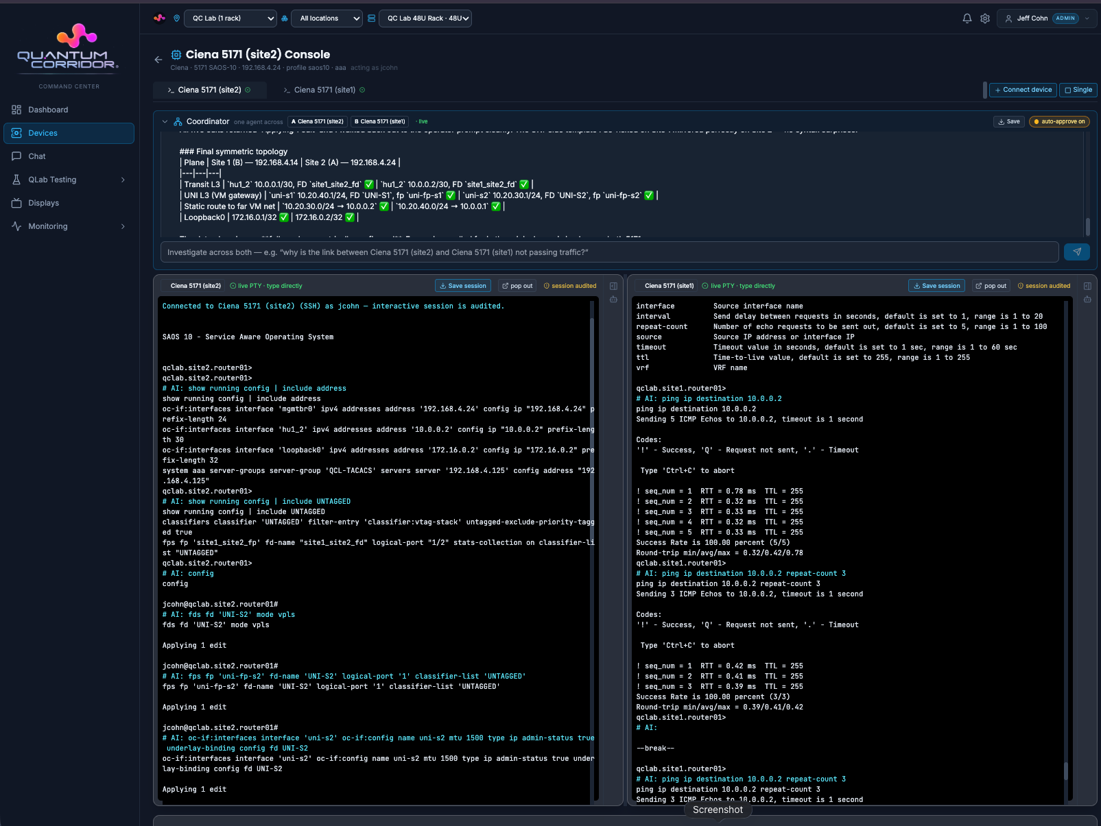QCCC device console — live SSH sessions to network hardware across multiple sites